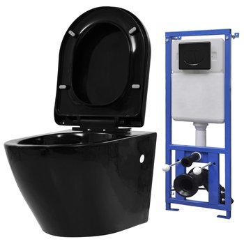 vidaXL Podwieszana toaleta ceramiczna ze spłuczką podtynkową, czarna - vidaXL