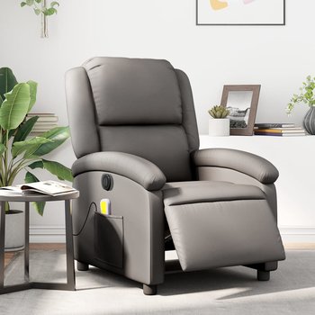 vidaXL Rozkładany fotel masujący, elektryczny, szary, skóra naturalna - vidaXL