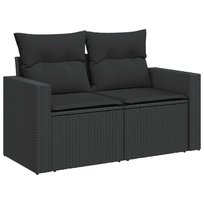 vidaXL Sofa ogrodowa z poduszkami, 2-osobowa, czarna, polirattan