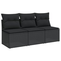 vidaXL Sofa ogrodowa z poduszkami, 3-osobowa, czarna, polirattan