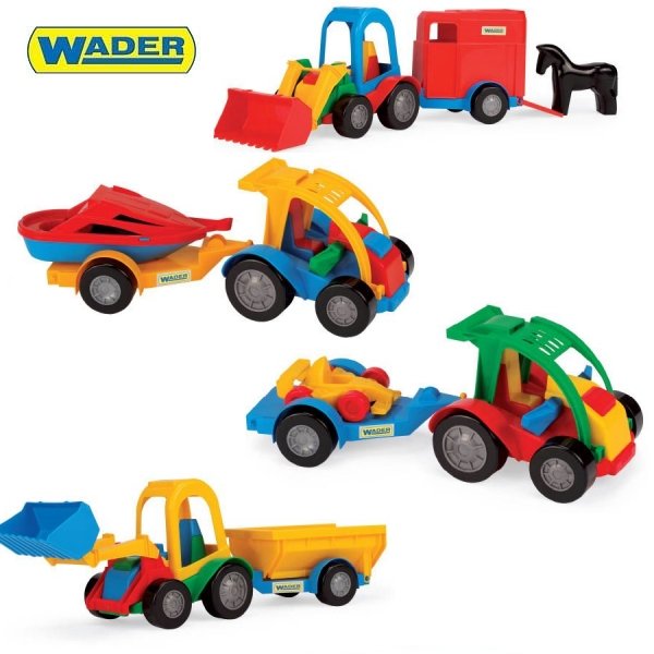 Wader, auto z przyczepą i traktor z łyżką i przyczepą