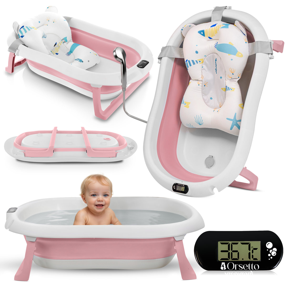 Venus LTD WANIENKA DZIECIĘCA Z TERMOMETREM ORSETTO RÓŻOWA + PODUSZKI RYBKI