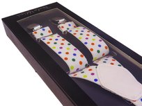 Wąskie białe szelki do spodni w kolorowe kropki unisex X22 Modini