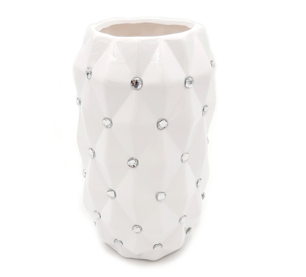 Zdjęcia - Wazon  ceramiczny z kryształkami glamour biały okrągły pikowany 25 cm