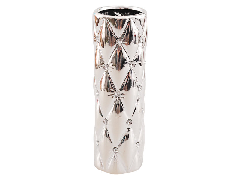 Фото - Ваза Wazon ceramiczny z kryształkami glamour srebrny okrągły wysoki pikowany 27