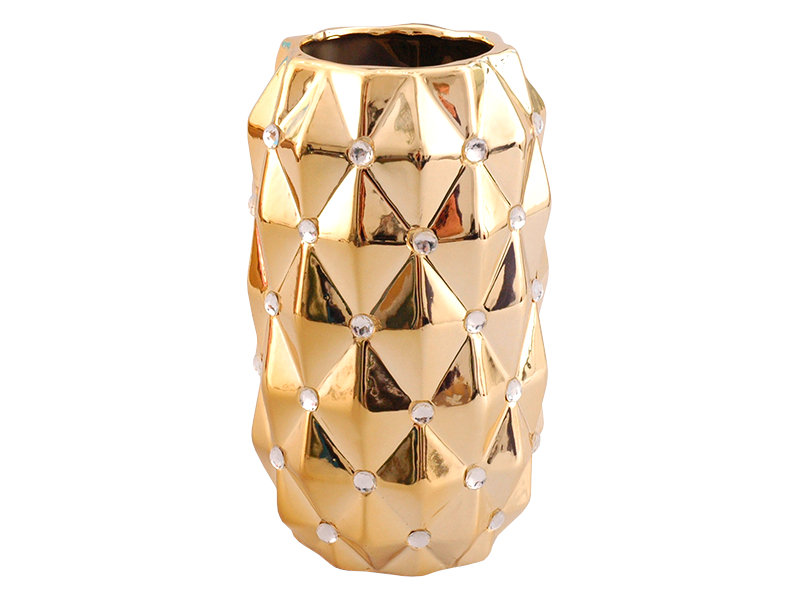 Zdjęcia - Wazon  ceramiczny z kryształkami glamour złoty okrągły pikowany 23 cm