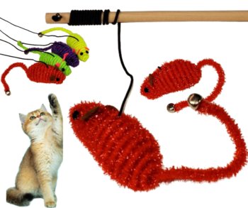 Wędka dla kota myszka na gumce  zabawka z dzwonkiem mix kolorów - Confortime