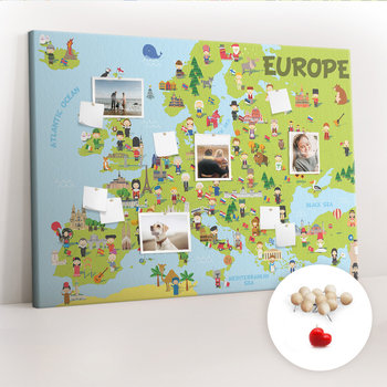 Wielka Tablica Korkowa 100x140 cm z grafiką - Mapa świata z flagami + Drewniane Pinezki - Coloray