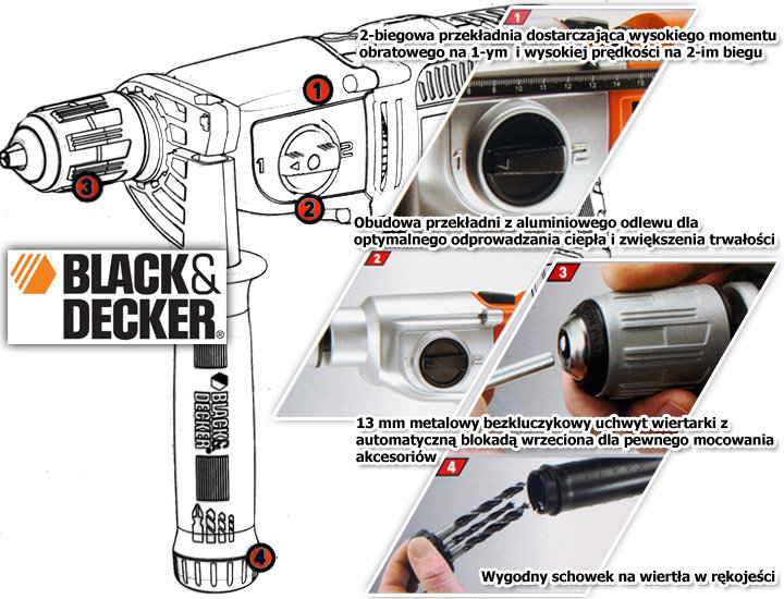 Wiertarka udarowa + walizka BLACK&DECKER KR911K