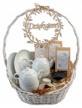 Wiklinowy biały kosz prezentowy;podziękowania dla rodziców;personalizowany z herbatą i filiżankami