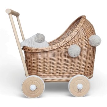 Wiklinowy wózek dla lalek pchacz naturalny z pomponami i pościelką - WikliBOX
