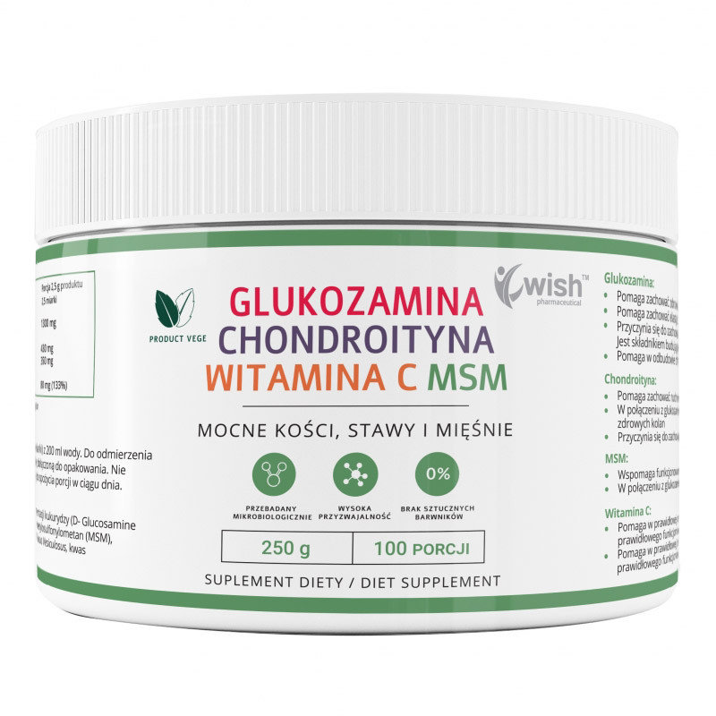 Фото - Амінокислоти Wish Glukozamina Chondroityna Witamina C Msm Vege 250G Natural 