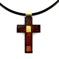 Wisiorek krzyżyk bursztyn srebro 925 pozłacane czarny dąb 45mm 7372