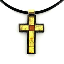 Wisiorek krzyżyk bursztyn srebro 925 pozłacane czarny dąb 45mm  7376