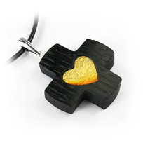 Wisiorek krzyżyk serce  bursztyn bałtycki,srebro 925, czarny dąb, równoramienny    7198