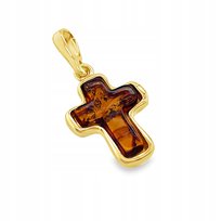 WISIOREK srebrny pozłacany ZAWIESZKA BURSZTYN krzyżyk ZŁOTY