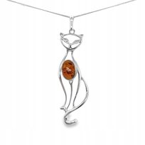 Wisiorek srebrny z bursztynem KOT + ORYGINALNA ZAWIESZKA ze srebra