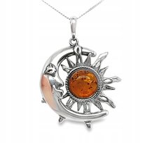 Wisiorek srebrny z bursztynem ZAWIESZKA ZE SREBRA 925 księżyc ze słońcem