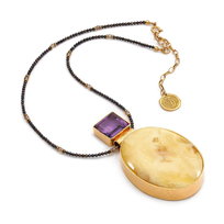 Wisiorek unikat bursztyn srebro 925 pozłacane czarny dąb ametyst 1074