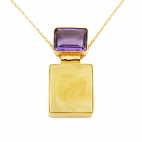 Wisiorek z bursztynem, ametystem, czarnym dębem w srebrze pozłacanym  9245