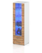 WITRYNA STOJĄCA KOMODA SŁUPEK Z SZYBĄ BIAŁY MAT DĄB WOTAN LED 60cm