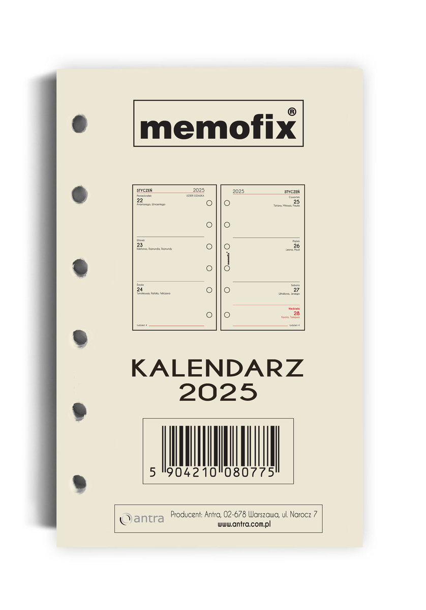 Wkład Kalendarzowy 2025 tygodniowy A6 Memofix Antra - Antra