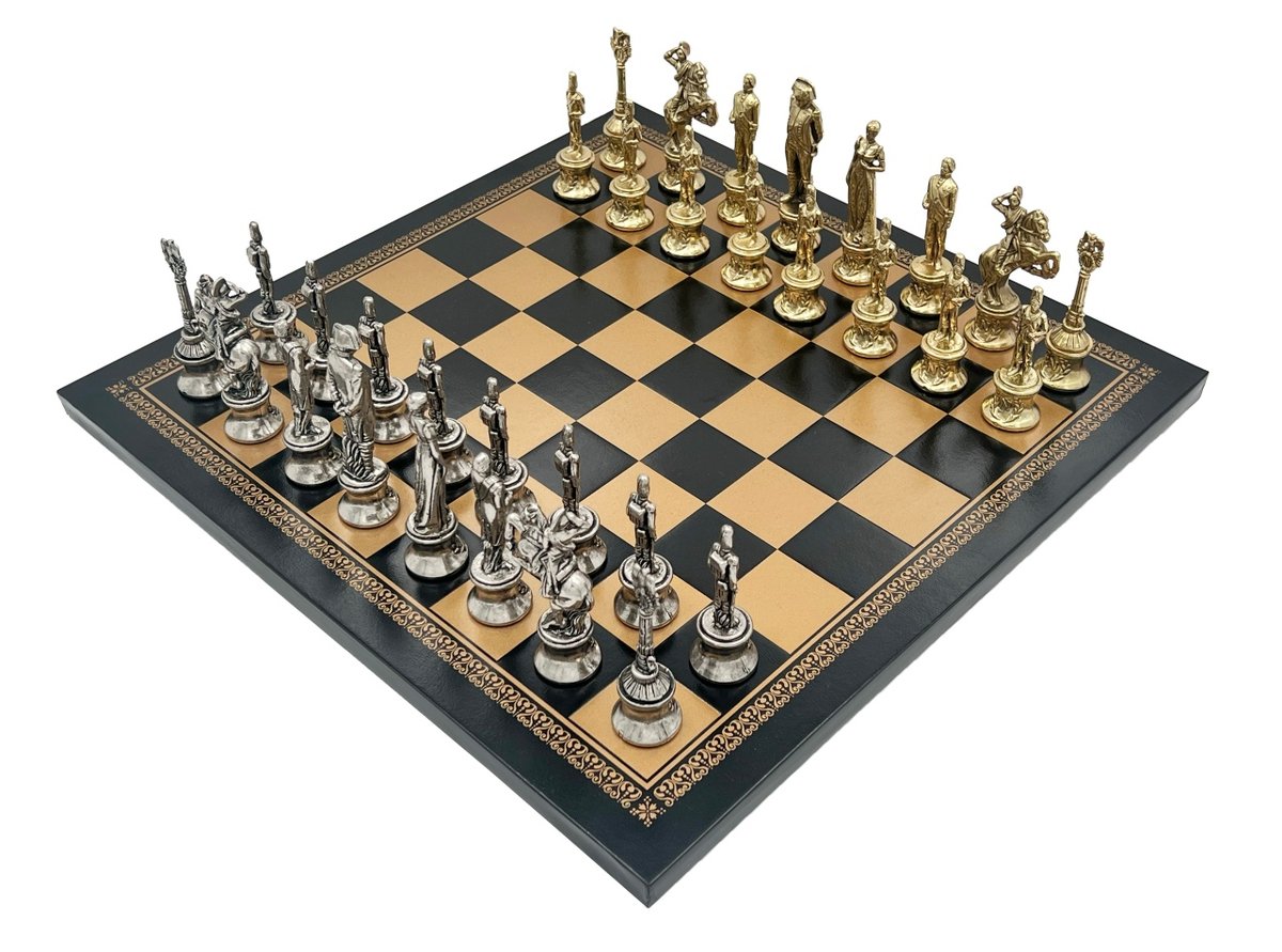 Jeu D’échecs Italfama Napoleon – Pièces Métal Peintes – échiquier Cuir Doré/bleu – Taille Moyenne – Coffret Carton