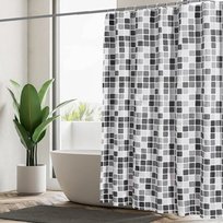 Wodoodporna zasłona prysznicowa 180x200 cm, nadająca się do prania za pomocą 12 haczyków, tkanina poliestrowa, czarno-biało-szary wzór geometryczny