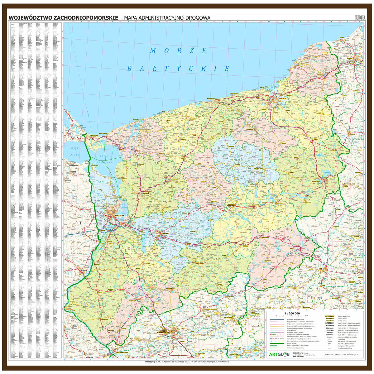 Województwo zachodniopomorskie WYDANIE 2025 mapa ścienna na podkładzie w drewnianej ramie, 1:200 000 ArtGlob