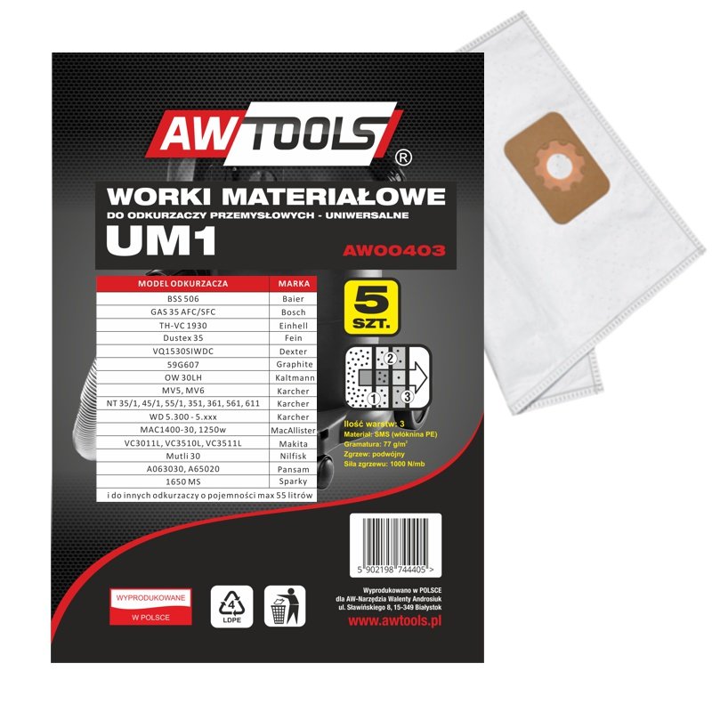 Worki do odkurzacza AWTOOLS AW00403, 5 szt.