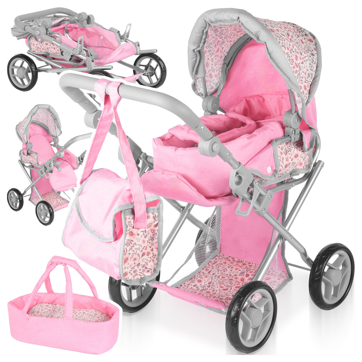 MalPlay Wózek 3w1 dla Lalek Gondola Spacerówka Nosidełko Akcesoria Kosz Regulowany