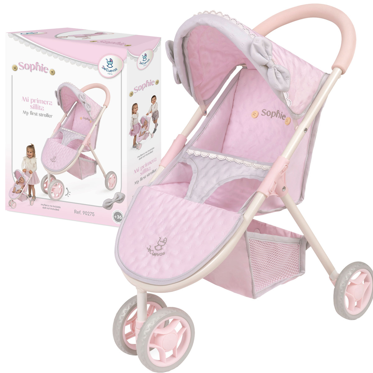 Carro De Muñecas Sophie Mi Primera Sillita DeCuevas 90275: Diseño Rosa Con Detalles De Madera, Ruedas Delanteras Giratorias Y Asa Acolchada, Para Muñecas De Hasta 48 Cm