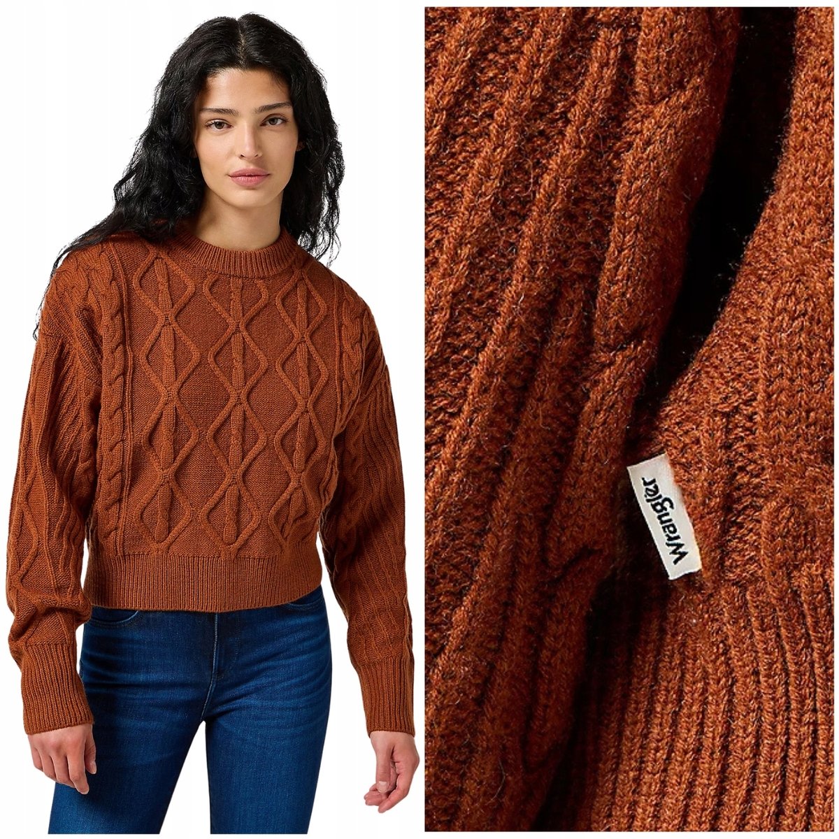 Wrangler CABLE KNIT SWEATER Gingerbread rudy wełniany damski sweter L ...