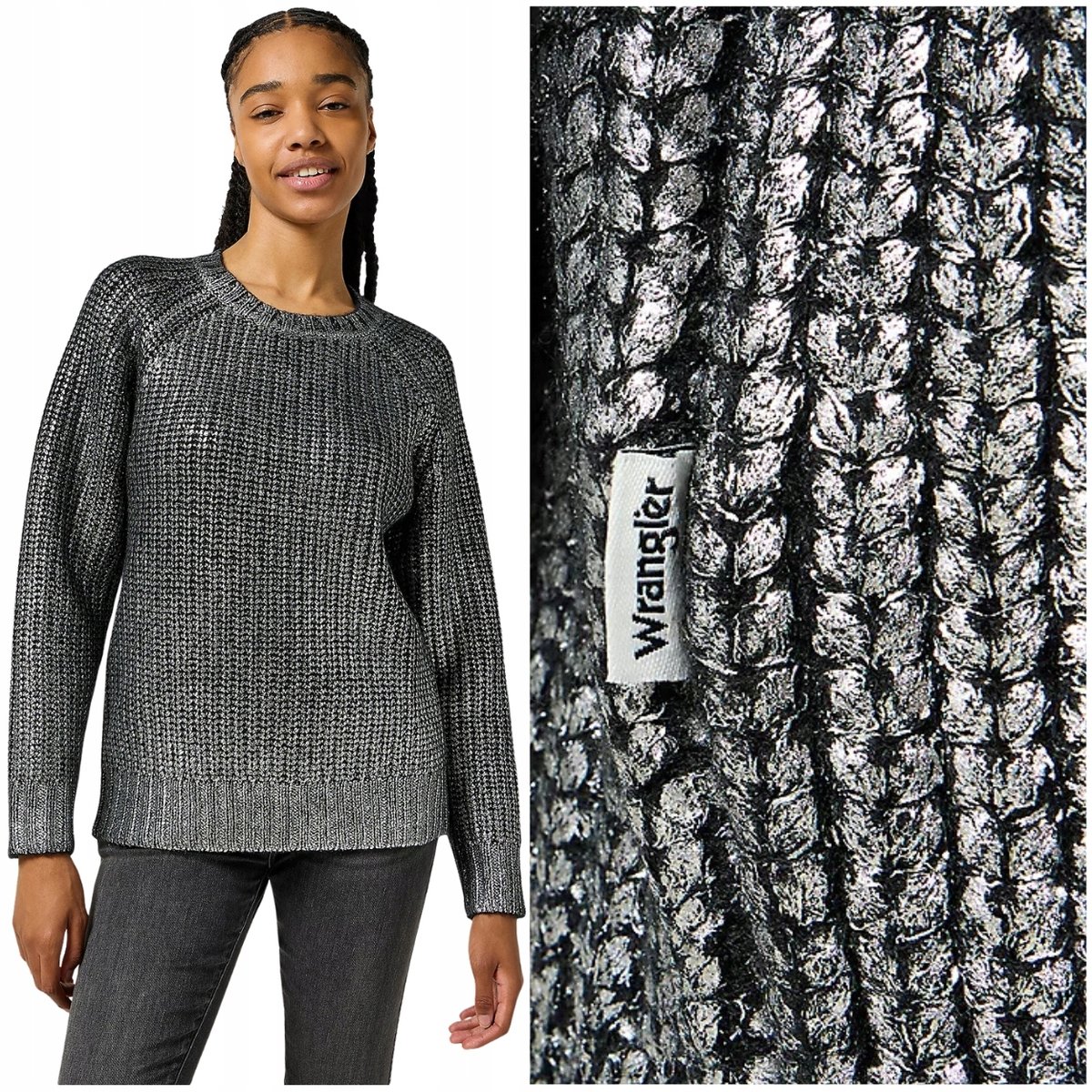 Wrangler FOILED SWEATER Silver metaliczny luźny raglanowy damski sweter ...