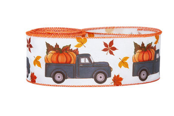 WSTĄŻKA MATERIAŁOWA Z DRUCIKIEM ZE WZOREM "JESIENNE AUTO Z DYNIAMI" 6,3cm/5yd - BELATEX.Art