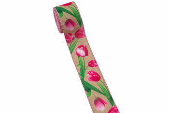 WSTĄŻKA MATERIAŁOWA Z DRUCIKIEM ZE WZOREM "TULIPANY" 6,3cm/5yd - BELATEX.Art