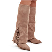 Wsuwane Kozaki Kowbojki Damskie Na Słupku Z Frędzlami Beżowe Zalia-37