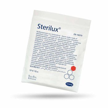 Wyrób medyczny, Sterilux, kompresy z gazy bawełnianej, jałowe, 17-nitkowe, 12 warstw, 5 cm x 5 cm, 3 sztuki - Hartmann