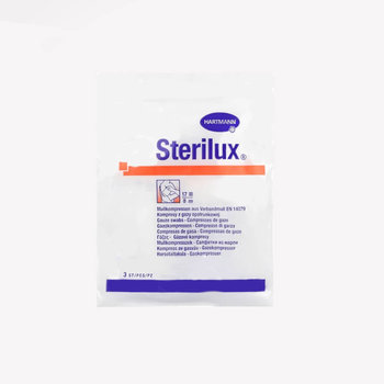 Wyrób medyczny, Sterilux, kompresy z gazy bawełnianej, jałowe, 17-nitkowe, 8 warstw, 7,5 cm x 7,5 cm, 3 sztuki - Hartmann