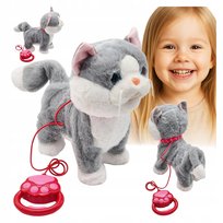 Zabawka KOT chodzący NA SMYCZY pluszowy miałczący macha OGONEM rusza głową