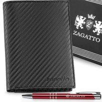 Zagatto, Portfel męski czarny skórzany carbon, portfel z ochrona kart RFID, pionowy portfel w pudełku prezentowym