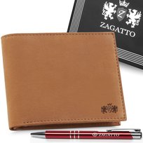 Zagatto, Portfel męski poziomy koniakowy, naturalna skóra licowa z ochroną kart RFID, klasyczny pojemny portfel męski