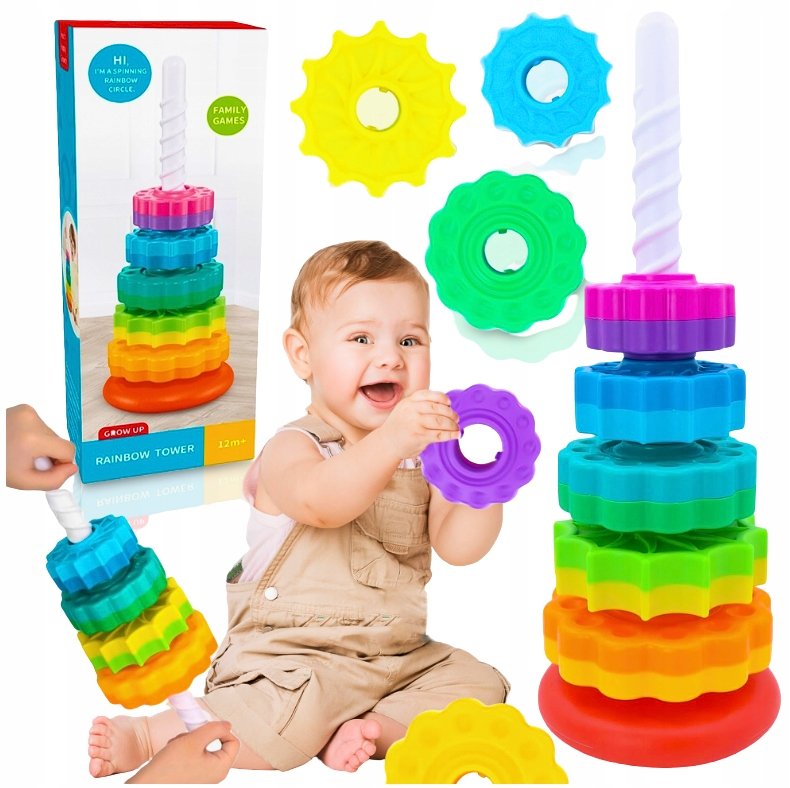 ZAKRĘCONA PIRAMIDA WIEŻA TĘCZOWA EDUKACYJNA 41CM PREZENT DLA DZIECKA ...