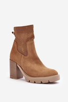 Zamszowe Ażurowe Botki Damskie Na Słupku Camel Lewski 3386-39