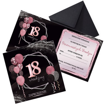 Zaproszenia na 18 Urodziny Różowy Blask Czarna Koperta - 10 sztuk - Szalony Kot