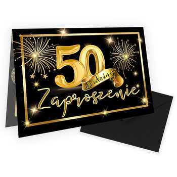 Zaproszenia na 50 Urodziny Złote Balony Czarna Koperta - 10 sztuk - Szalony Kot