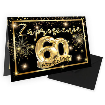Zaproszenia na 60 Urodziny Złote Balony Czarna Koperta - 10 sztuk - Szalony Kot