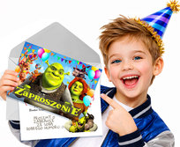 ZAPROSZENIE NA URODZINY SHREK OSIOŁ KOT W BUTACH ZAPROSZENIA + KOPERTA