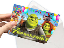 ZAPROSZENIE SHREK OSIOŁ KOT W BUTACH NA URODZINY DZIECKA + KOPERTA