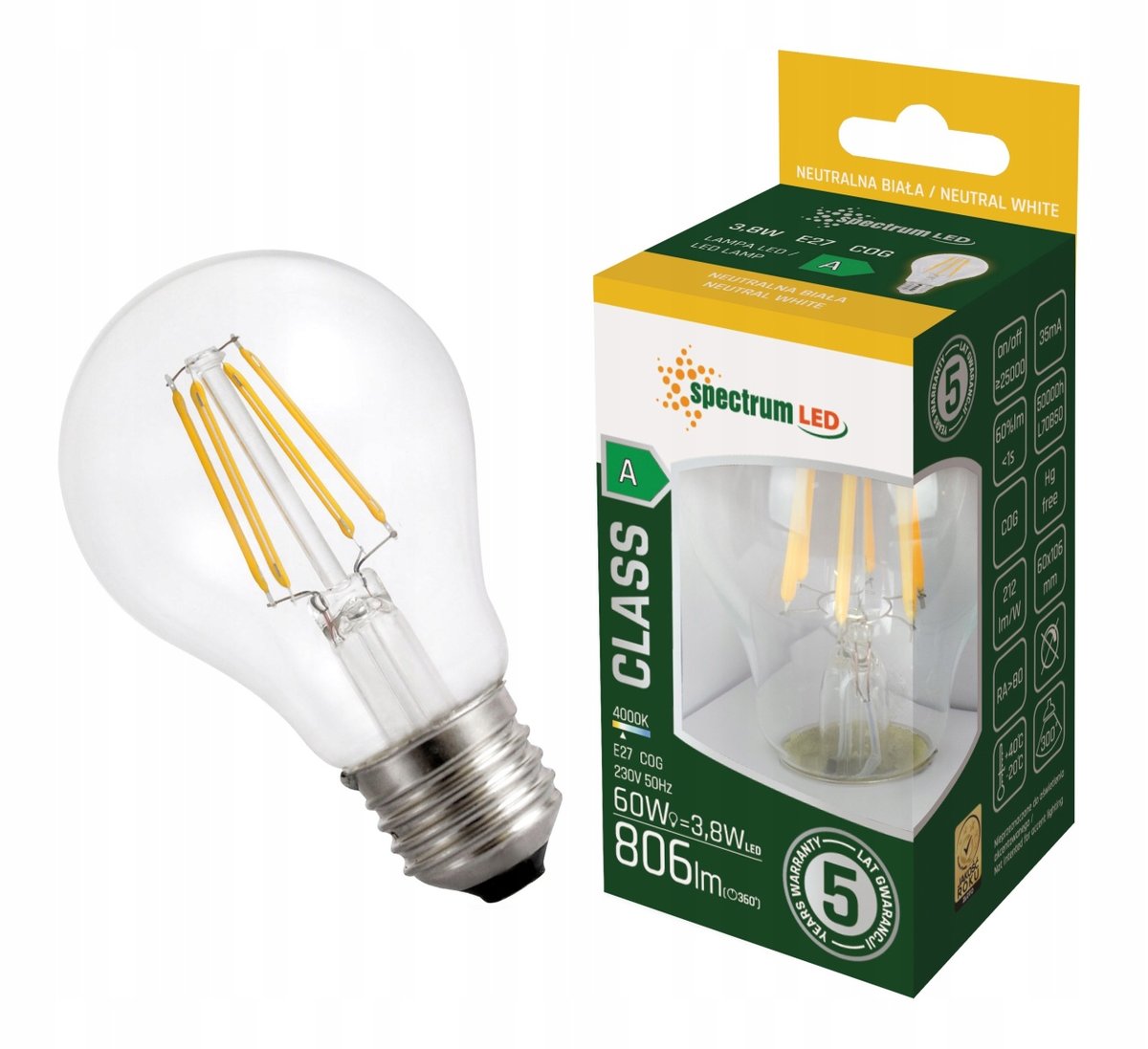 Żarówka LED COG filament E27 3,8W neutralna edison retro WOJ+14640 ...